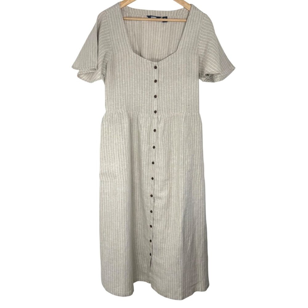 Lands’ End Linen NWOT Midi‎ Dress M Natural Stripe Button Front Coastal Classic